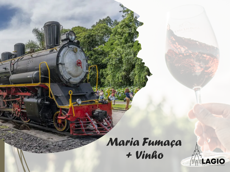 Locomotiva Maria Fumaça e taça de vinho no Vale dos Vinhedos