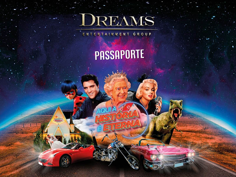 Arte do Passaporte Dreams com personagens e carros das atrações de Gramado