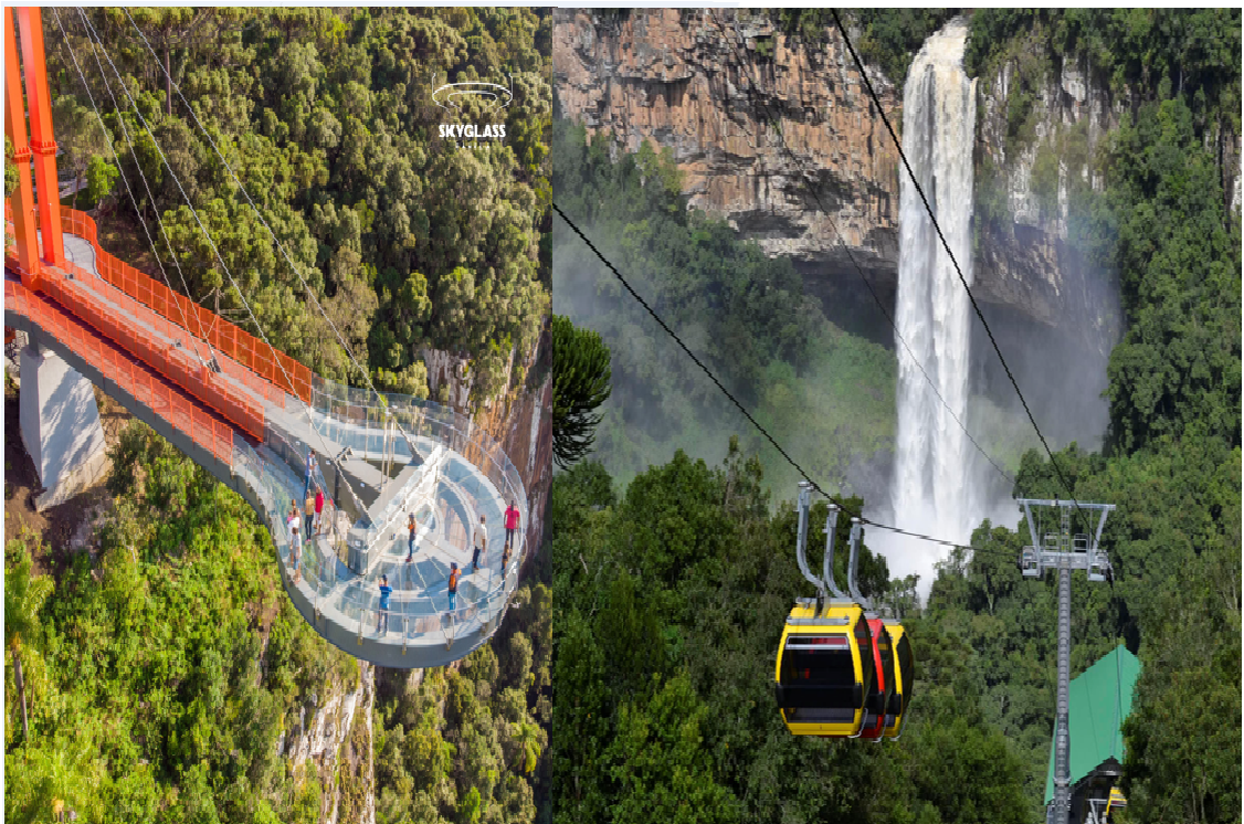 Plataforma de vidro Skyglass e bondinho aéreo diante da Cascata do Caracol em Canela
