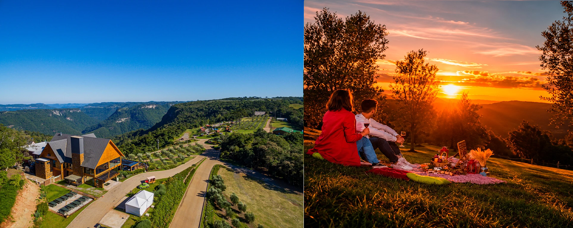 Vista aérea do Olivas de Gramado e casal em piquenique ao pôr do sol